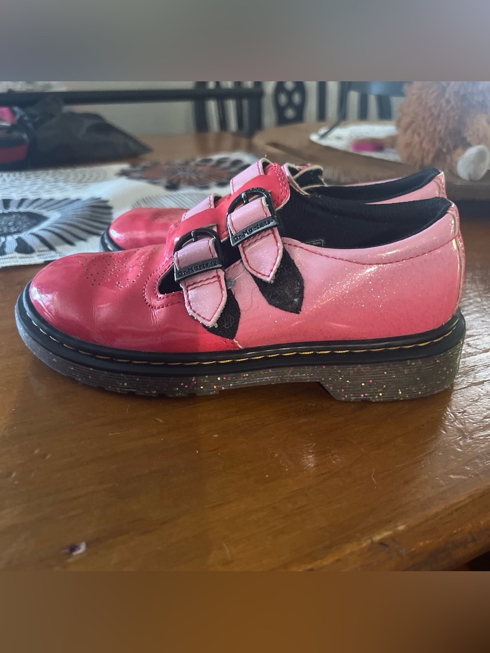 Dr. Martens Kids Pink Glitter Double Monk Strap Shoe with Black Accents